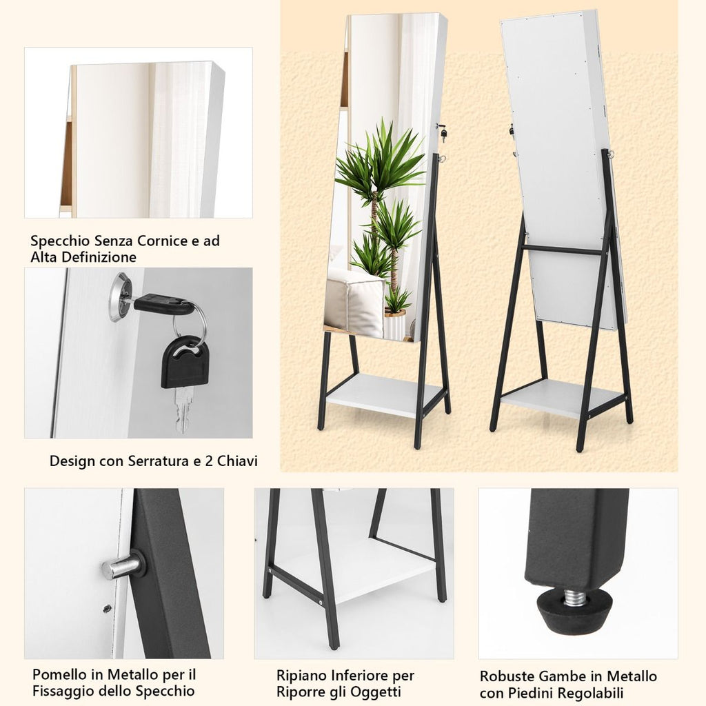 Elegante Specchio Portagioie Da Terra con Serratura e Luci LED - Armadietto Multifunzionale 41,5x37x157 cm