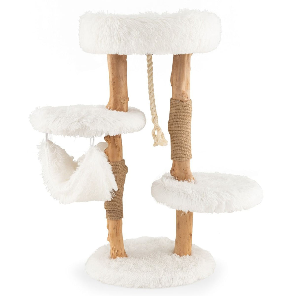 Albero Tiragraffi per Gatti in Legno Con Pali Di Corda Di Iuta, Mobile per Gatti Con Piattaforma E Amaca Bianco