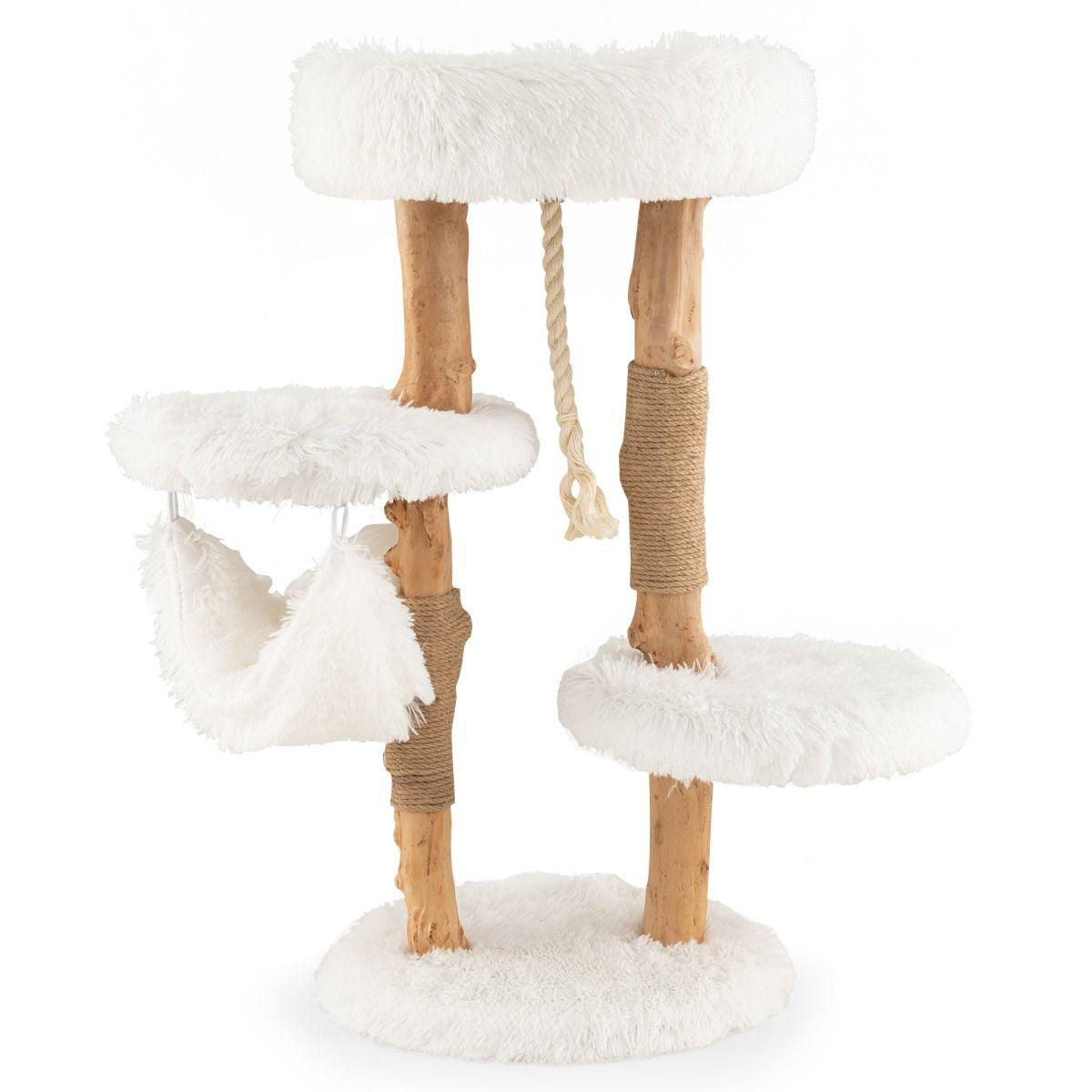 Albero Tiragraffi per Gatti in Legno Con Pali Di Corda Di Iuta, Mobile per Gatti Con Piattaforma E Amaca Bianco