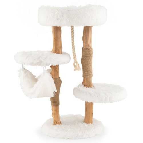 Albero Tiragraffi per Gatti in Legno Con Pali Di Corda Di Iuta, Mobile per Gatti Con Piattaforma E Amaca Bianco