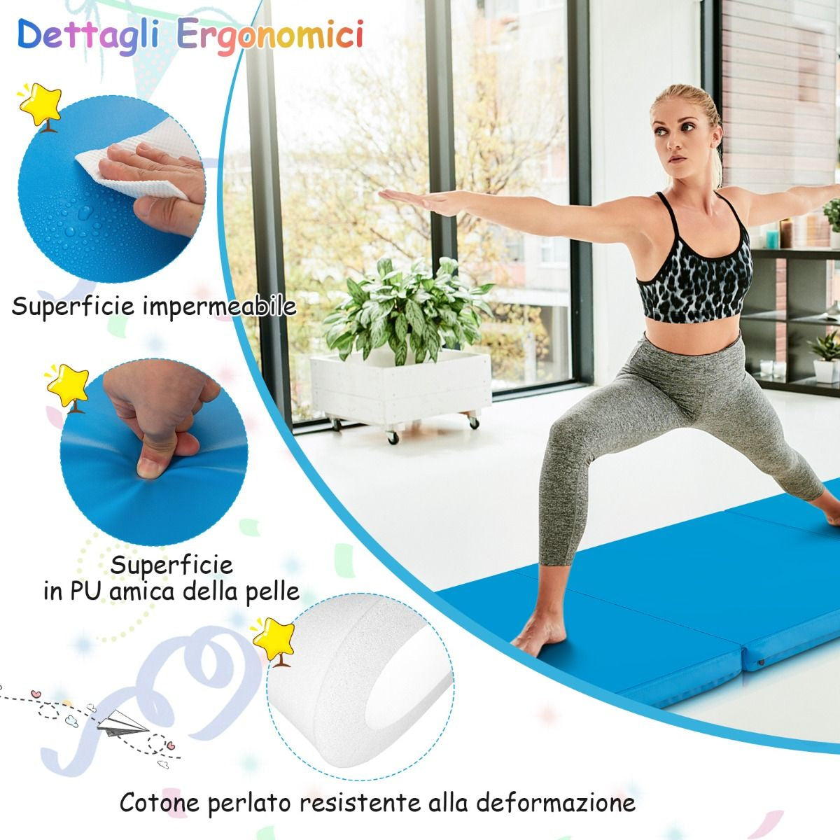 Tappetino Yoga Pieghevole in Pelle PU, Materassino Fitness Spessore Multifunzionale E Antiscivolo 180X60X5Cm 9 Colori