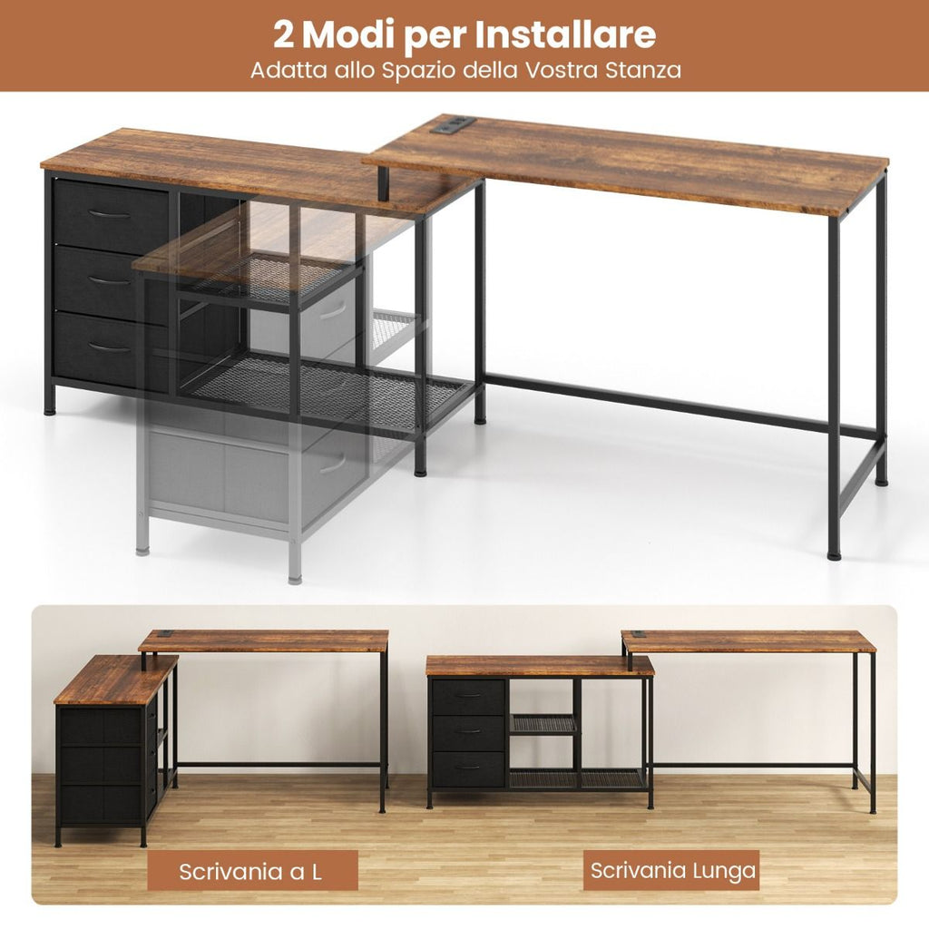 Scrivania per Computer a Forma Di L Con Prese, Scrivania Convertibile Con 3 Cassetti Di Tessuto E Ripiani in Metallo 3 Colori