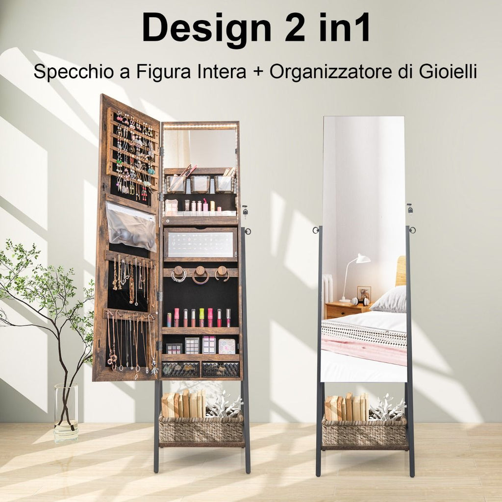 Elegante Specchio Portagioie Da Terra con Serratura e Luci LED - Armadietto Multifunzionale 41,5x37x157 cm