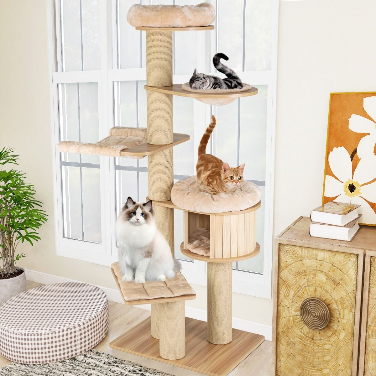 Albero Tiragraffi per Gatti Moderno E Alto, Albero per Gatti Multistrato Con Nicchia in Legno Trespolo Beige