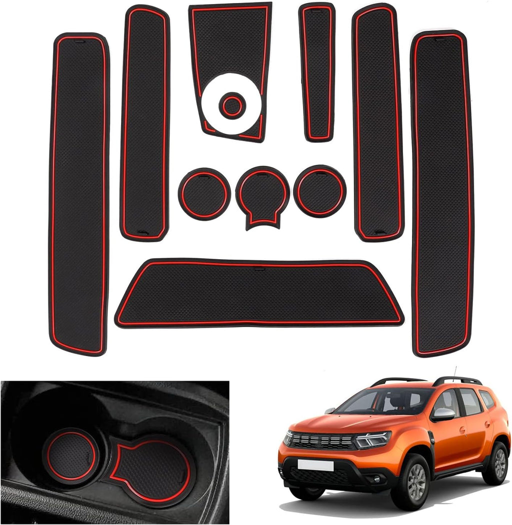 Non-Slip Rubber Floor Mats for Renault/Dacia Duster (2018–2021), Includes Central Console, Cup Holder, and Door Stitch Mats [Not Compatible with 2022 Models] (Red)