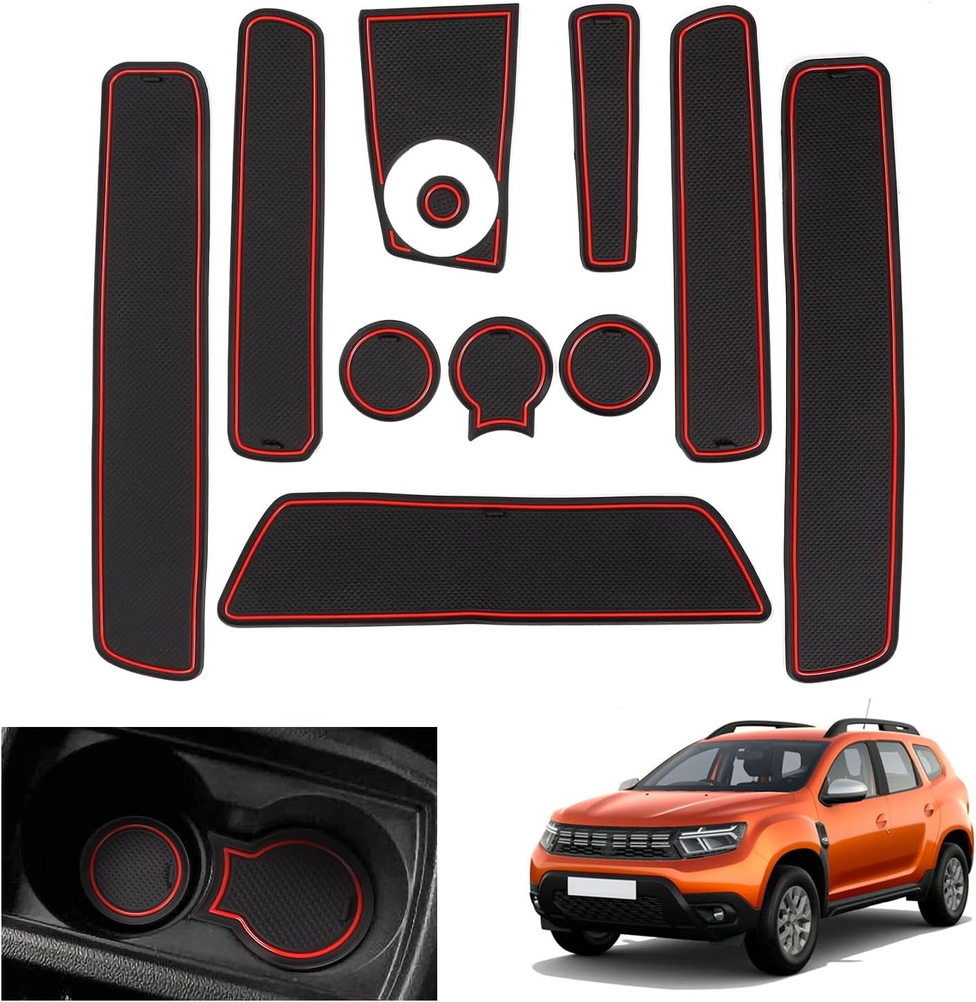 Non-Slip Rubber Floor Mats for Renault/Dacia Duster (2018–2021), Includes Central Console, Cup Holder, and Door Stitch Mats [Not Compatible with 2022 Models] (Red)