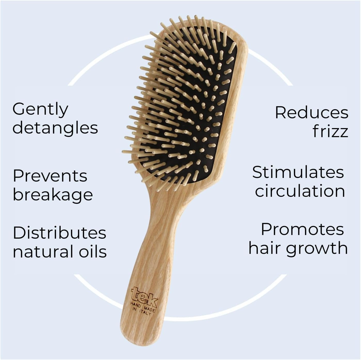 TEK Large Rectangular Ash Wood Brush, Handmade in Italy, Short Tooth Design for Medium to Long Straight Hair, Detangling and Massaging Features