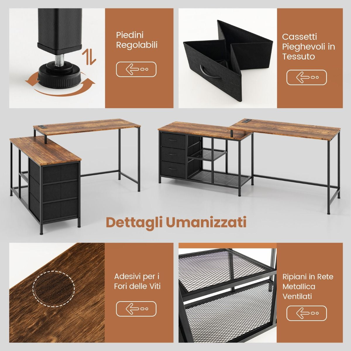 Scrivania per Computer a Forma Di L Con Prese, Scrivania Convertibile Con 3 Cassetti Di Tessuto E Ripiani in Metallo 3 Colori