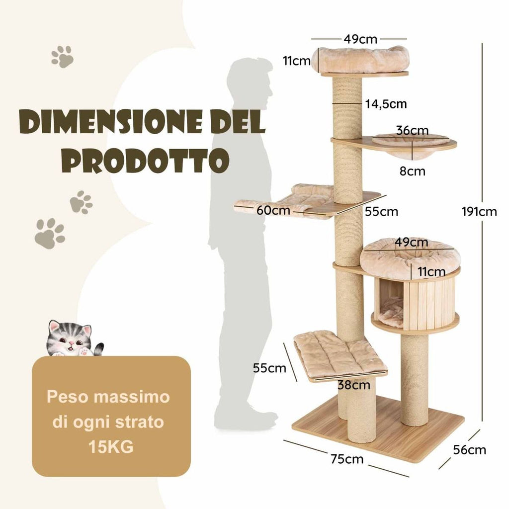 Albero Tiragraffi per Gatti Moderno E Alto, Albero per Gatti Multistrato Con Nicchia in Legno Trespolo Beige
