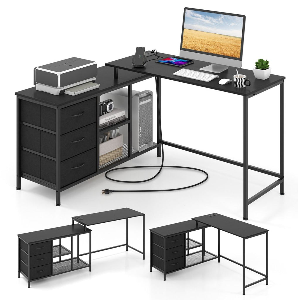 Scrivania per Computer a Forma Di L Con Prese, Scrivania Convertibile Con 3 Cassetti Di Tessuto E Ripiani in Metallo 3 Colori