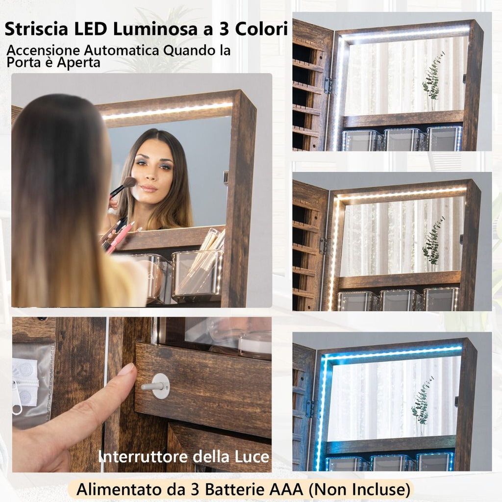 Elegante Specchio Portagioie Da Terra con Serratura e Luci LED - Armadietto Multifunzionale 41,5x37x157 cm