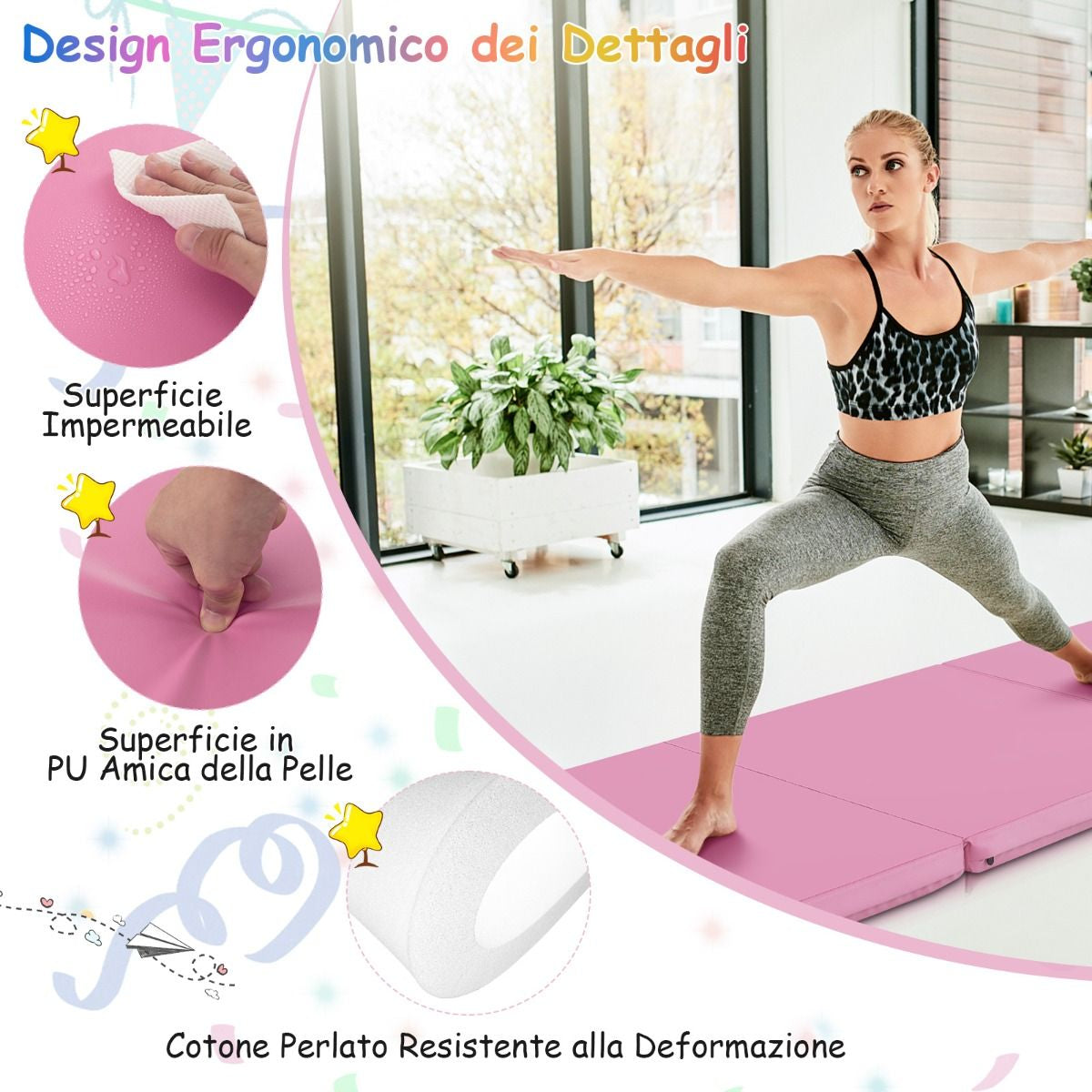 Tappetino Yoga Pieghevole in Pelle PU, Materassino Fitness Spessore Multifunzionale E Antiscivolo 180X60X5Cm 9 Colori