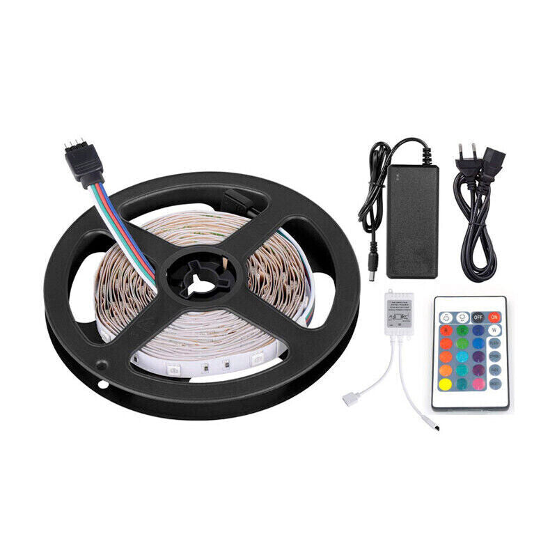 STRISCIA a LED SMD 5050 RGB IP65 5 METRI BOBINA CON ALIMENTATORE E TELECOMANDO