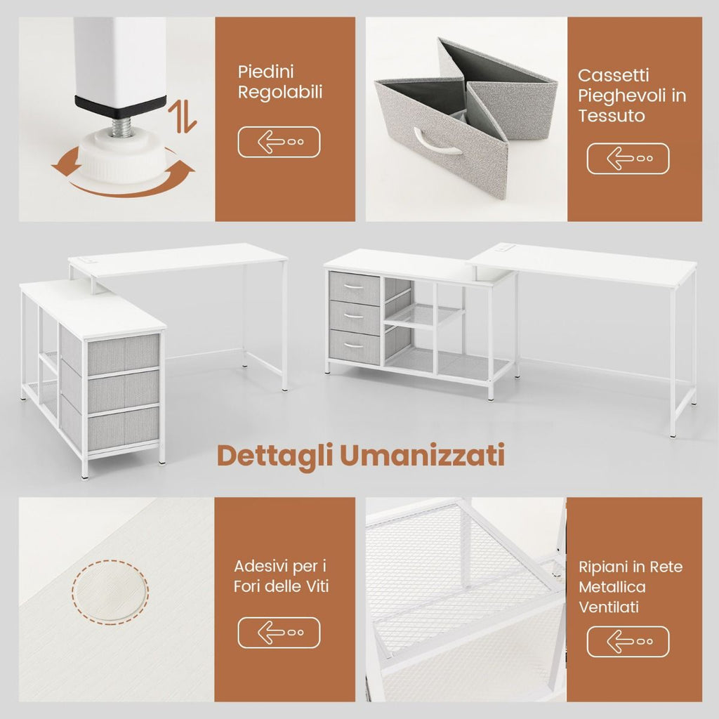 Scrivania per Computer a Forma Di L Con Prese, Scrivania Convertibile Con 3 Cassetti Di Tessuto E Ripiani in Metallo 3 Colori