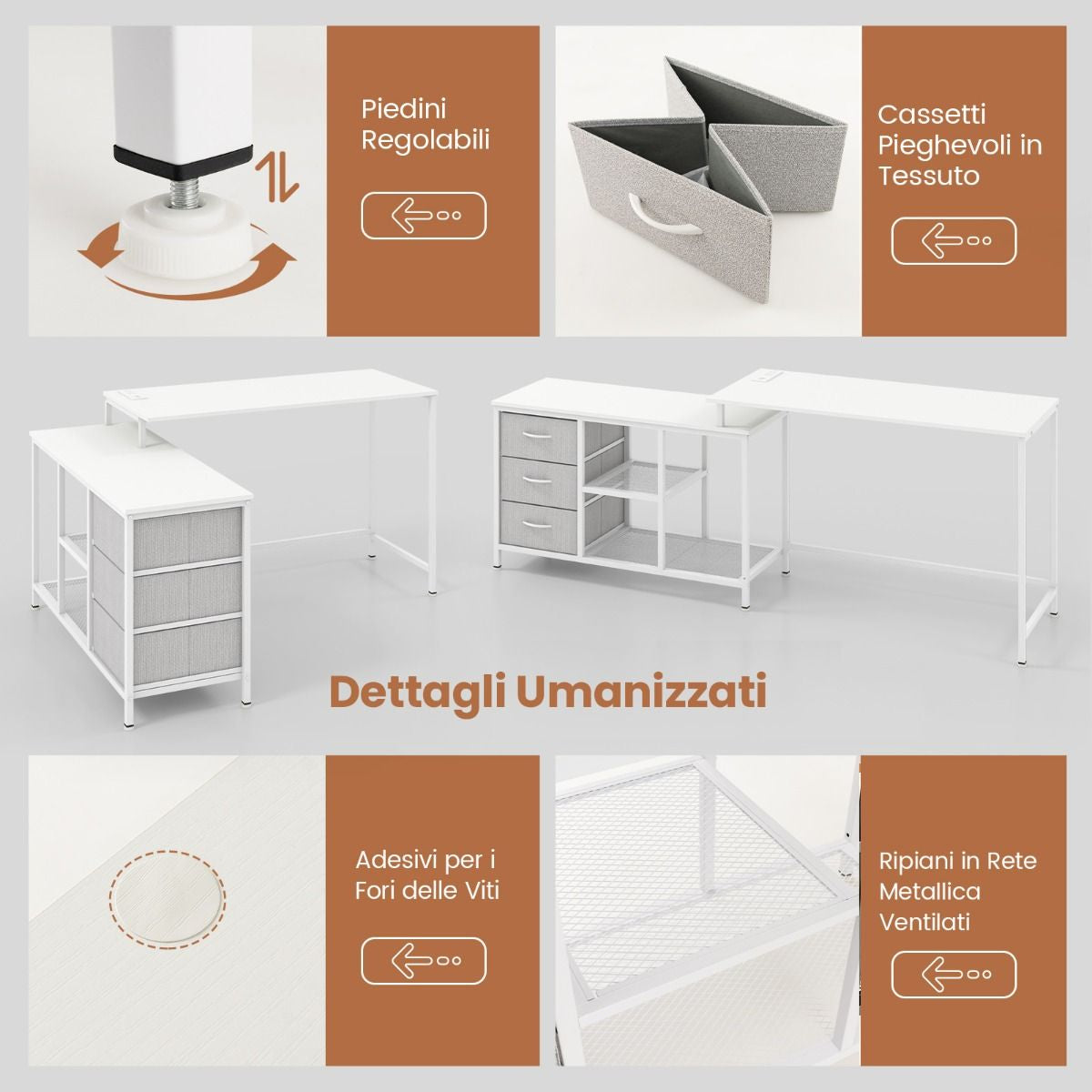 Scrivania per Computer a Forma Di L Con Prese, Scrivania Convertibile Con 3 Cassetti Di Tessuto E Ripiani in Metallo 3 Colori