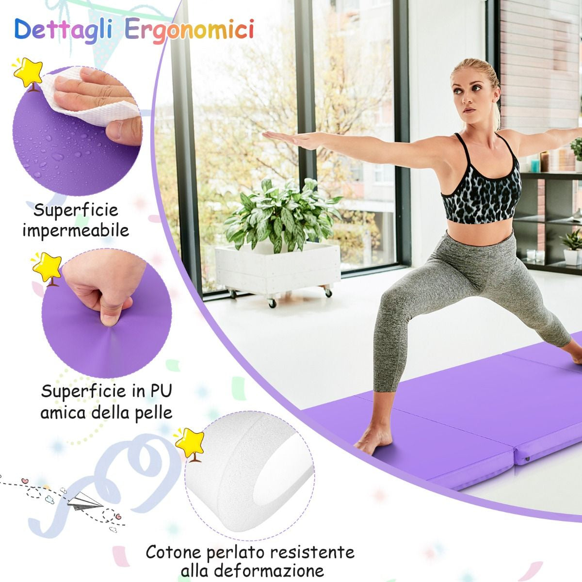Tappetino Yoga Pieghevole in Pelle PU, Materassino Fitness Spessore Multifunzionale E Antiscivolo 180X60X5Cm 9 Colori