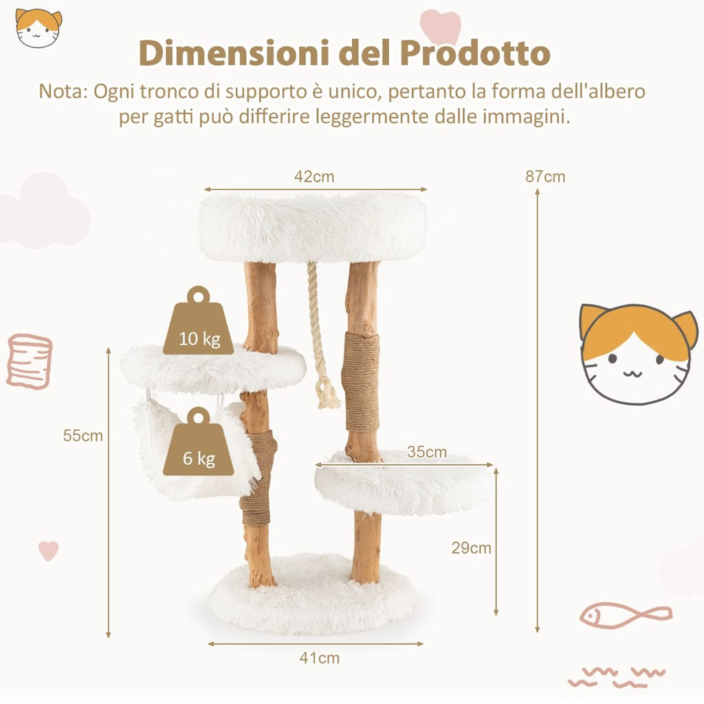 Albero Tiragraffi per Gatti in Legno Con Pali Di Corda Di Iuta, Mobile per Gatti Con Piattaforma E Amaca Bianco