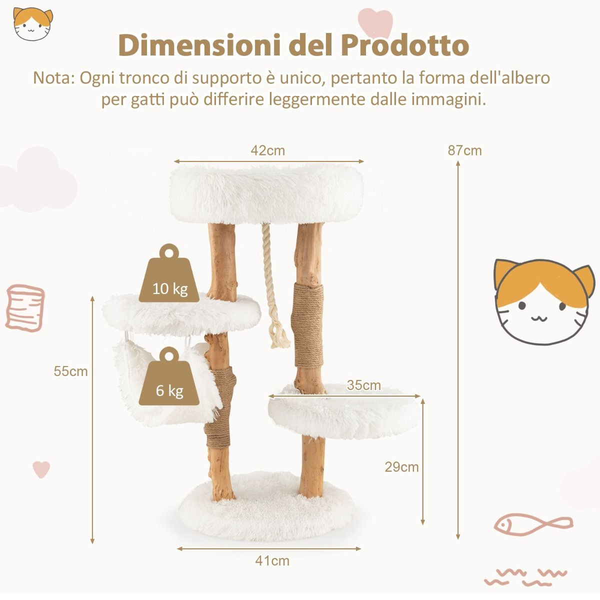 Albero Tiragraffi per Gatti in Legno Con Pali Di Corda Di Iuta, Mobile per Gatti Con Piattaforma E Amaca Bianco