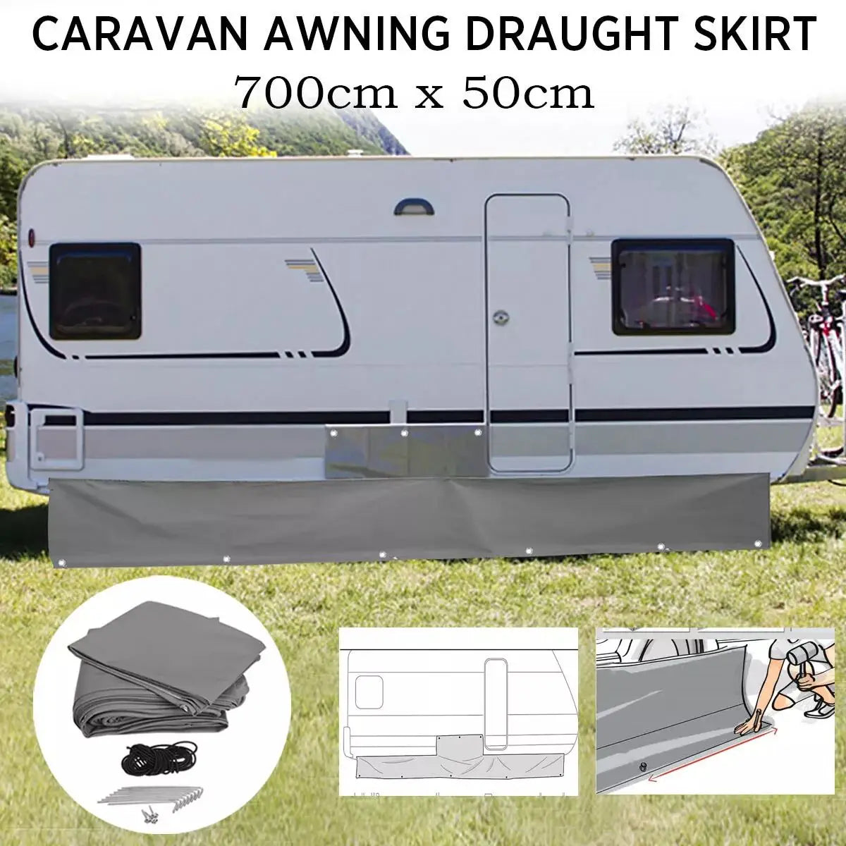 Caravan Awning Draught Skirt 7M Length X 50Cm Deep with Wheel Arch Covers & Suckers Motorhome Draft Campervan Side Skirting