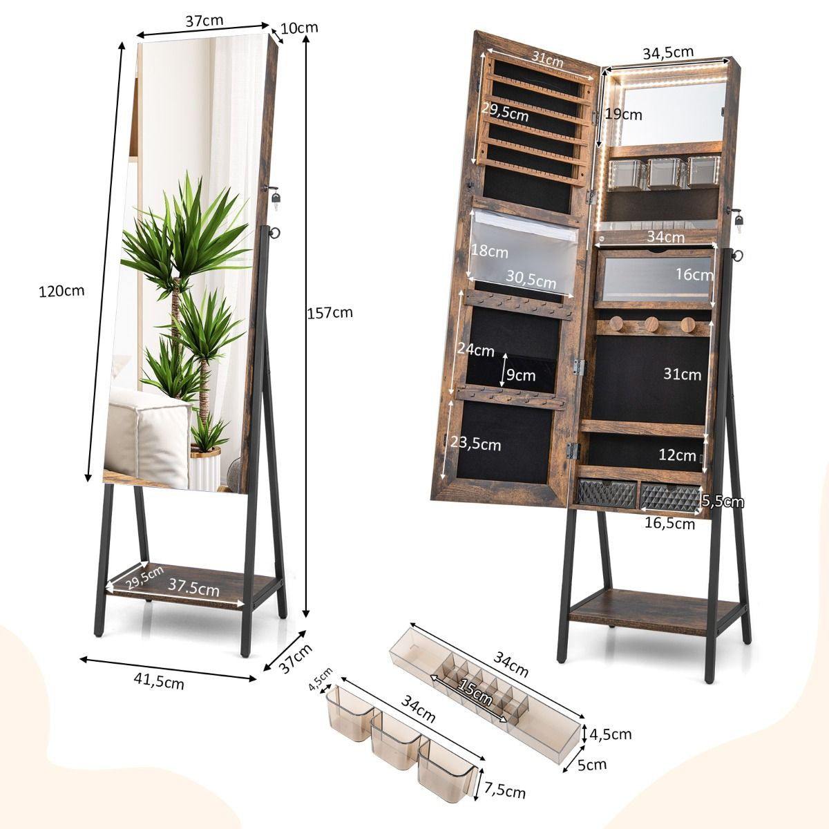 Elegante Specchio Portagioie Da Terra con Serratura e Luci LED - Armadietto Multifunzionale 41,5x37x157 cm