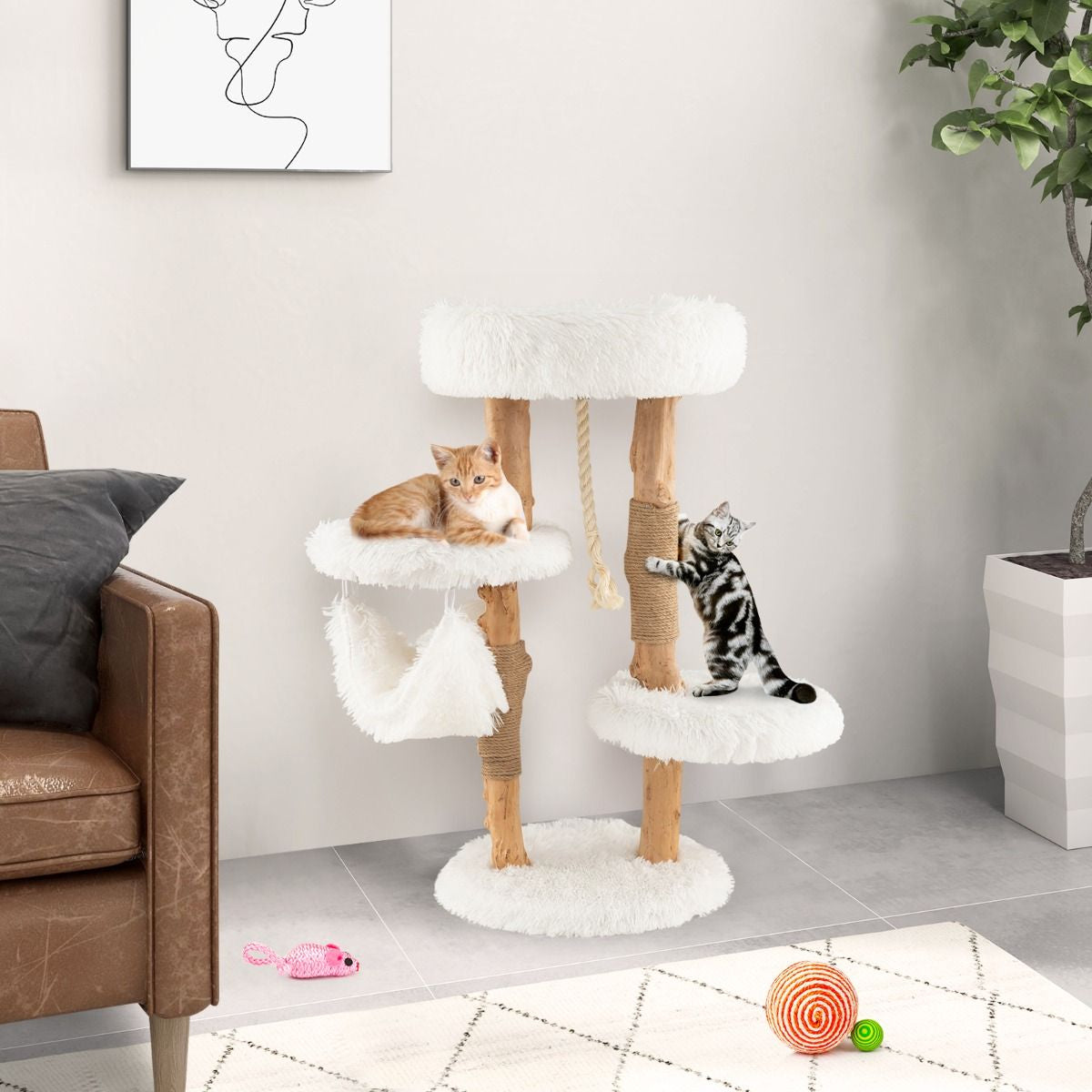 Albero Tiragraffi per Gatti in Legno Con Pali Di Corda Di Iuta, Mobile per Gatti Con Piattaforma E Amaca Bianco