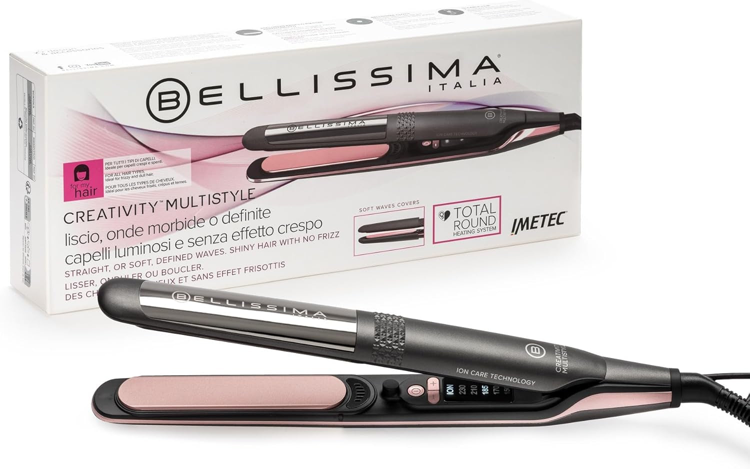 Imetec Creativity Multistyle Hair Straightener and Curler, Ceramic Coating with Diamond Particles, Keratin Infusion, Flexible and High-Temperature Plates, 5 Heat Settings