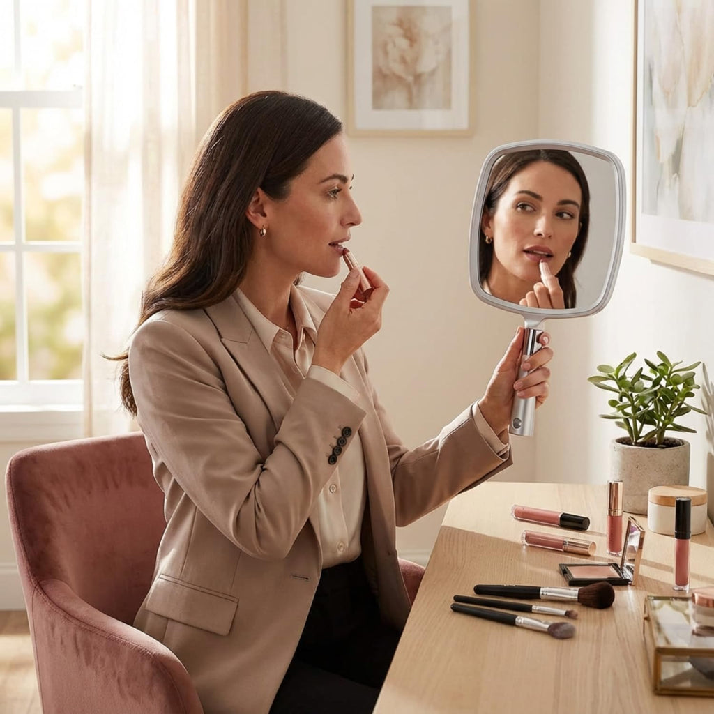 Grande Specchio Portatile per Trucco con Manico Ergonomico - Specchio Cosmetico in Argento