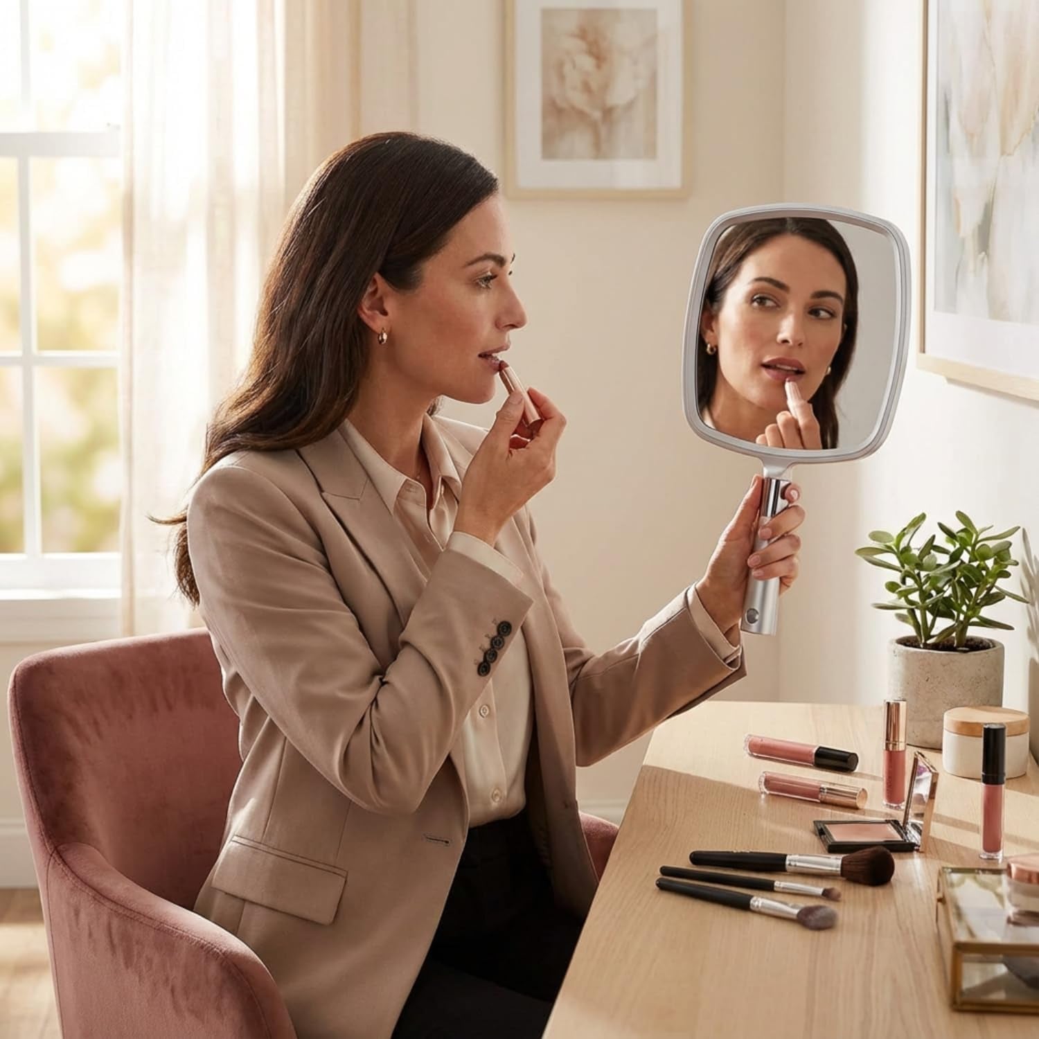Grande Specchio Portatile per Trucco con Manico Ergonomico - Specchio Cosmetico in Argento