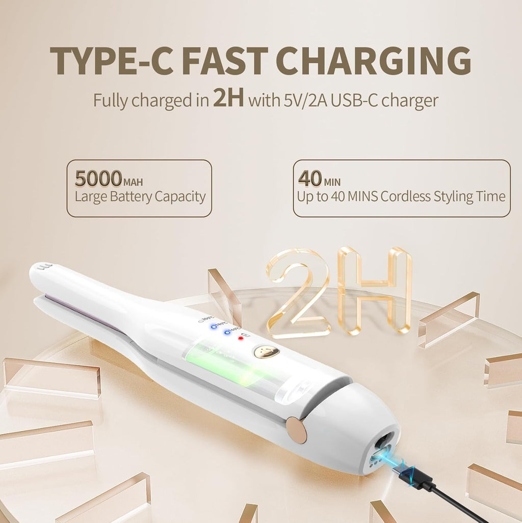 Batteria Piastra per Capelli in Ceramica 2 in 1 con Clip e Stazione di Ricarica Tipo C - Portatile per Uso Professionale e Domestico (Bianco)