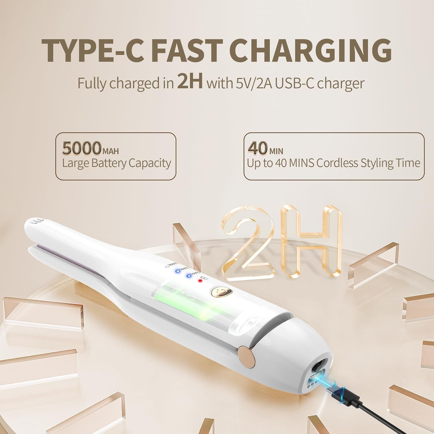 Batteria Piastra per Capelli in Ceramica 2 in 1 con Clip e Stazione di Ricarica Tipo C - Portatile per Uso Professionale e Domestico (Bianco)