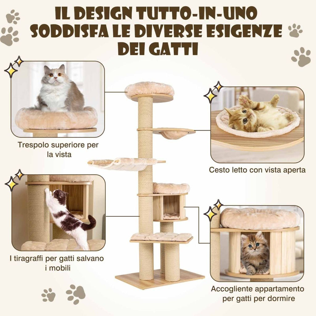 Albero Tiragraffi per Gatti Moderno E Alto, Albero per Gatti Multistrato Con Nicchia in Legno Trespolo Beige