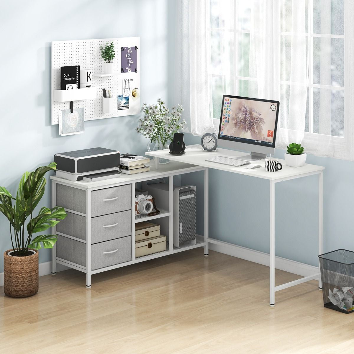 Scrivania per Computer a Forma Di L Con Prese, Scrivania Convertibile Con 3 Cassetti Di Tessuto E Ripiani in Metallo 3 Colori