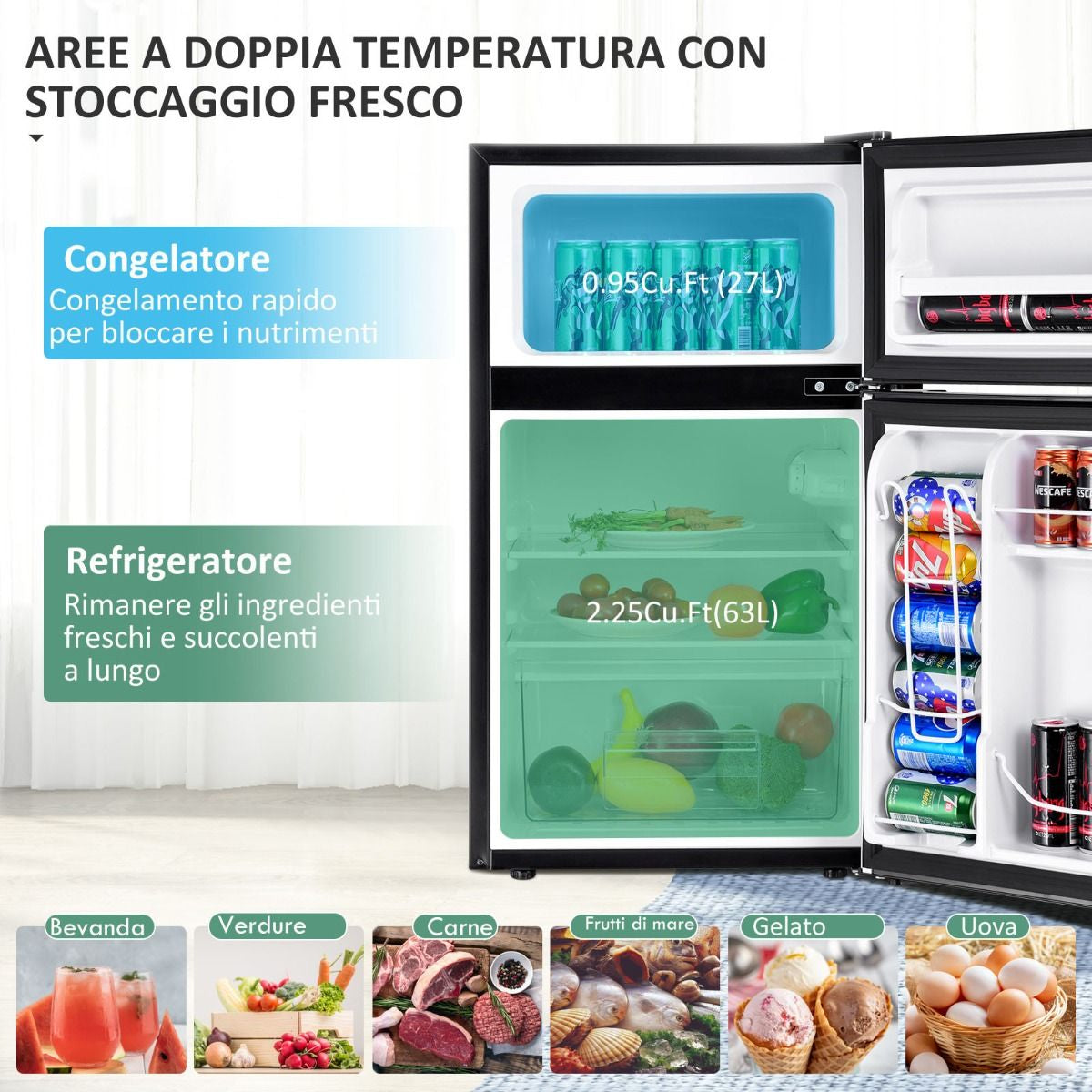 Frigorifero Compatto 90 L Con Luce LED E Refrigerazione Rapida, Freezer Silenzioso Separato Con 2 Ante Grigio