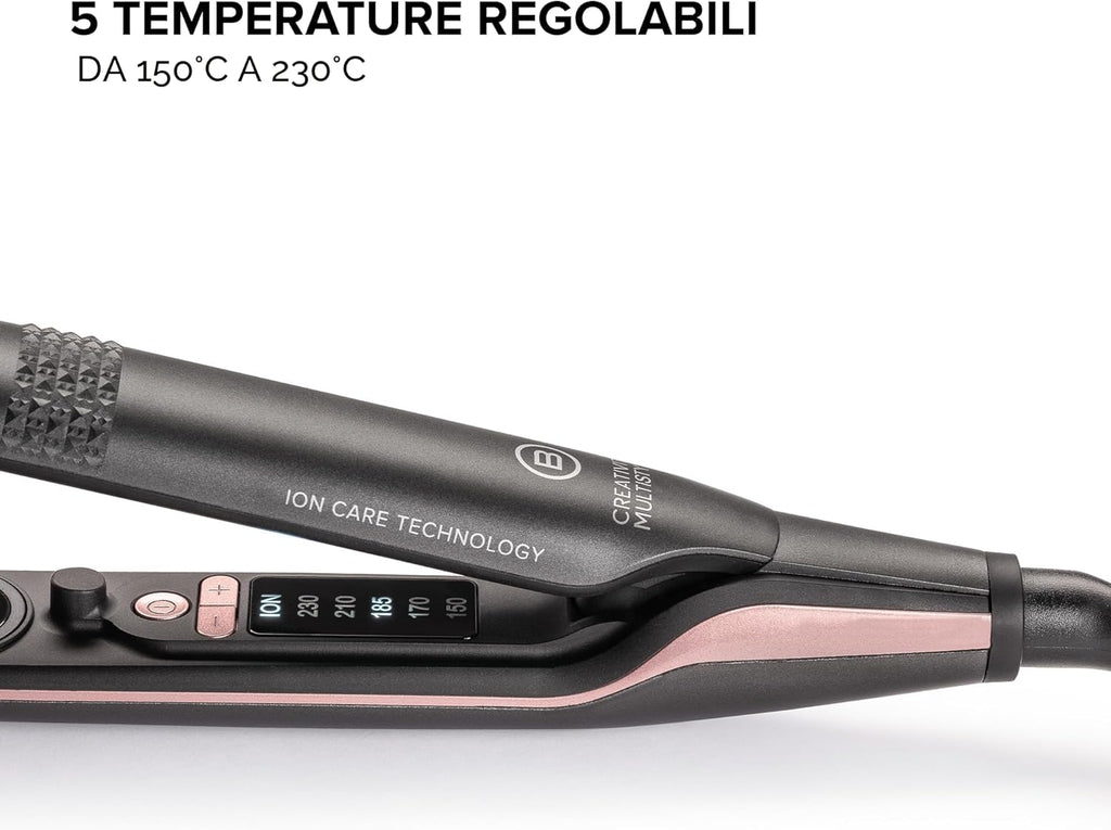 Imetec Creativity Multistyle Hair Straightener and Curler, Ceramic Coating with Diamond Particles, Keratin Infusion, Flexible and High-Temperature Plates, 5 Heat Settings