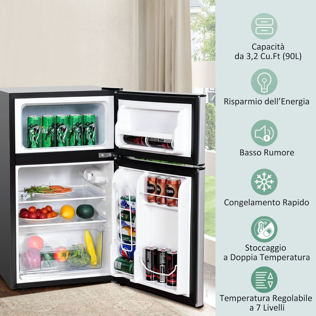 Frigorifero Compatto 90 L Con Luce LED E Refrigerazione Rapida, Freezer Silenzioso Separato Con 2 Ante Grigio