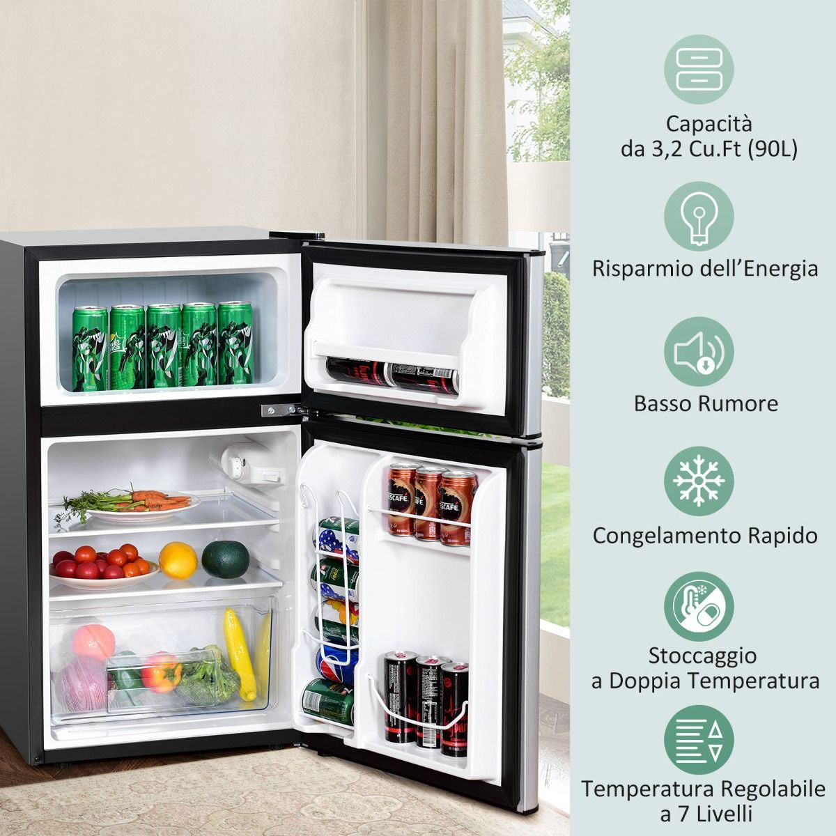 Frigorifero Compatto 90 L Con Luce LED E Refrigerazione Rapida, Freezer Silenzioso Separato Con 2 Ante Grigio
