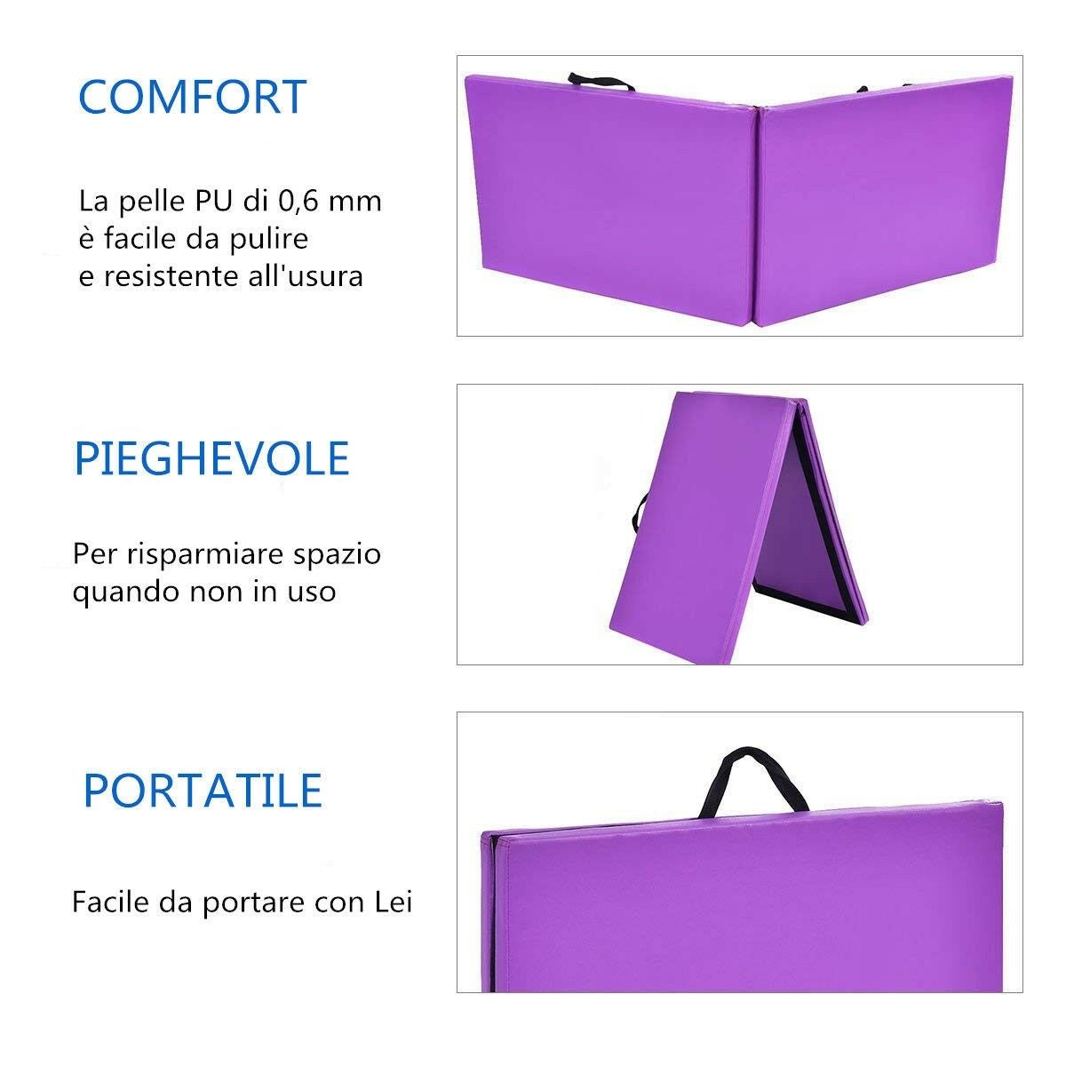 Tappetino Yoga Pieghevole Materassino Ginnastica Spessore Multifunzionale E Antiscivolo 180X60X4Cm Blu/Viola