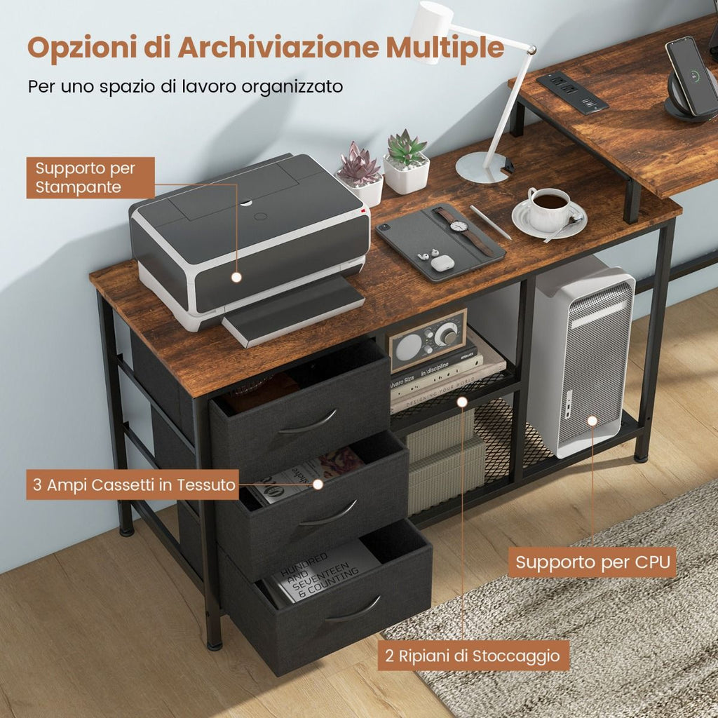 Scrivania per Computer a Forma Di L Con Prese, Scrivania Convertibile Con 3 Cassetti Di Tessuto E Ripiani in Metallo 3 Colori
