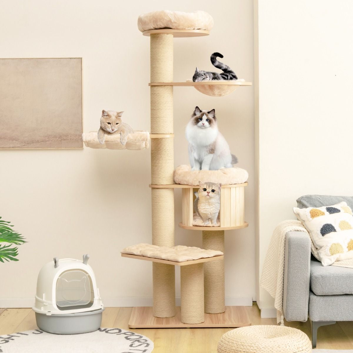 Albero Tiragraffi per Gatti Moderno E Alto, Albero per Gatti Multistrato Con Nicchia in Legno Trespolo Beige