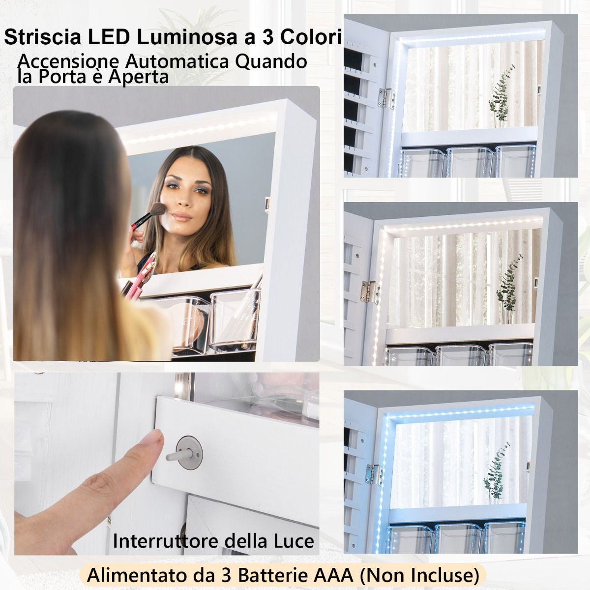 Elegante Specchio Portagioie Da Terra con Serratura e Luci LED - Armadietto Multifunzionale 41,5x37x157 cm