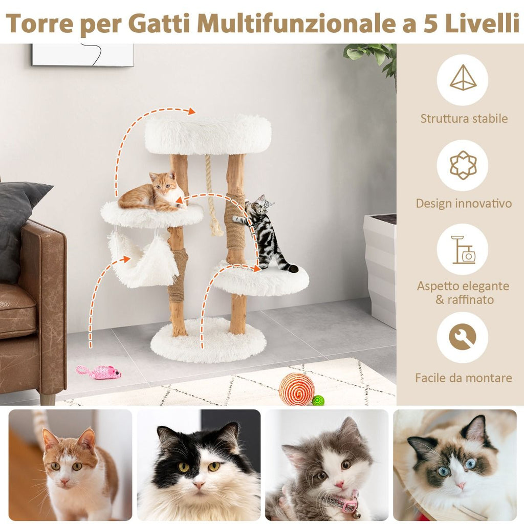 Albero Tiragraffi per Gatti in Legno Con Pali Di Corda Di Iuta, Mobile per Gatti Con Piattaforma E Amaca Bianco