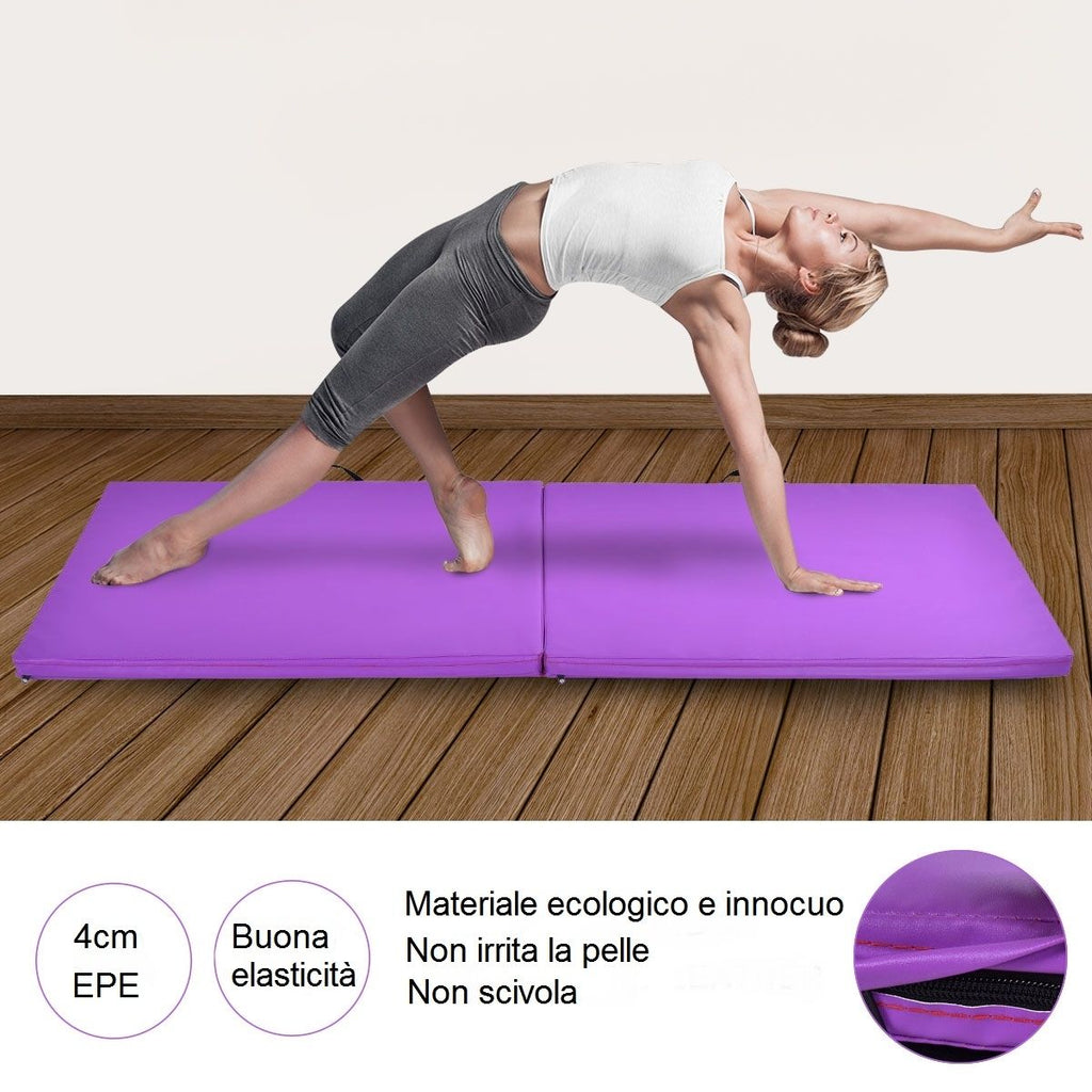 Tappetino Yoga Pieghevole Materassino Ginnastica Spessore Multifunzionale E Antiscivolo 180X60X4Cm Blu/Viola