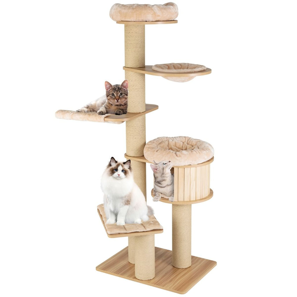 Albero Tiragraffi per Gatti Moderno E Alto, Albero per Gatti Multistrato Con Nicchia in Legno Trespolo Beige