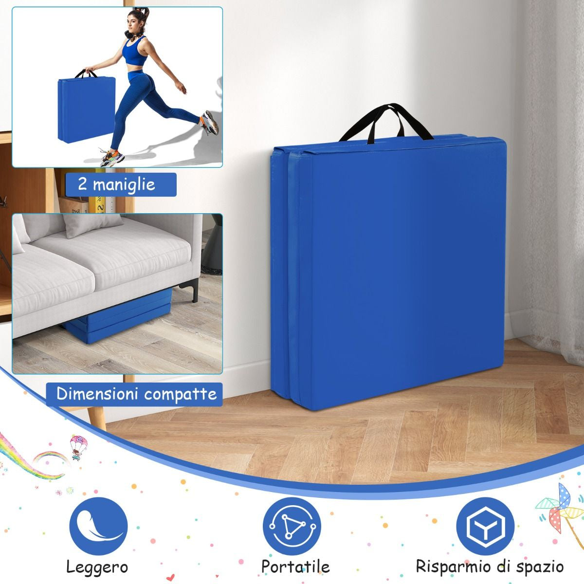 Tappetino Yoga Pieghevole in Pelle PU, Materassino Fitness Spessore Multifunzionale E Antiscivolo 180X60X5Cm 9 Colori