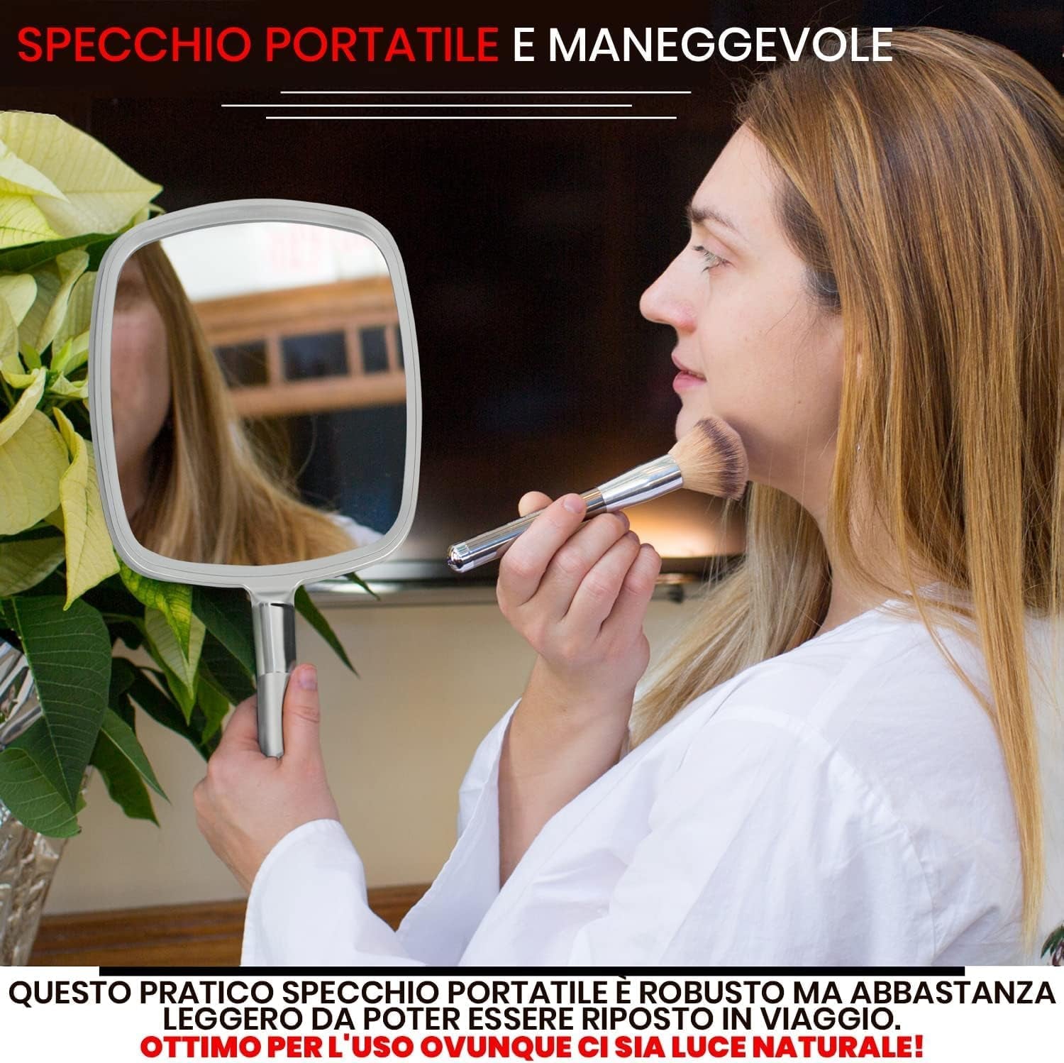 Grande Specchio Portatile per Trucco con Manico Ergonomico - Specchio Cosmetico in Argento