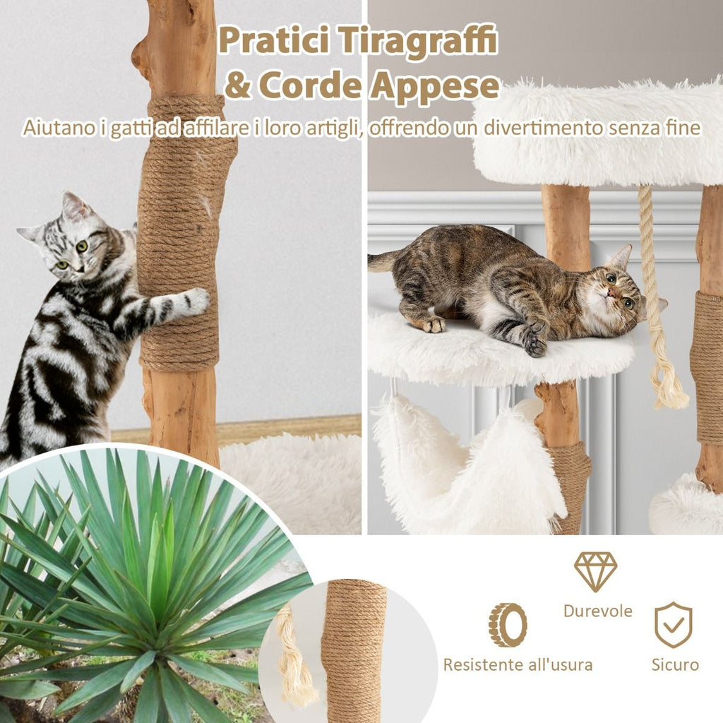Albero Tiragraffi per Gatti in Legno Con Pali Di Corda Di Iuta, Mobile per Gatti Con Piattaforma E Amaca Bianco