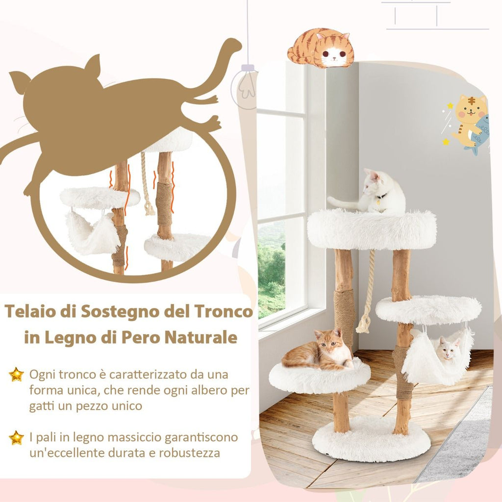 Albero Tiragraffi per Gatti in Legno Con Pali Di Corda Di Iuta, Mobile per Gatti Con Piattaforma E Amaca Bianco