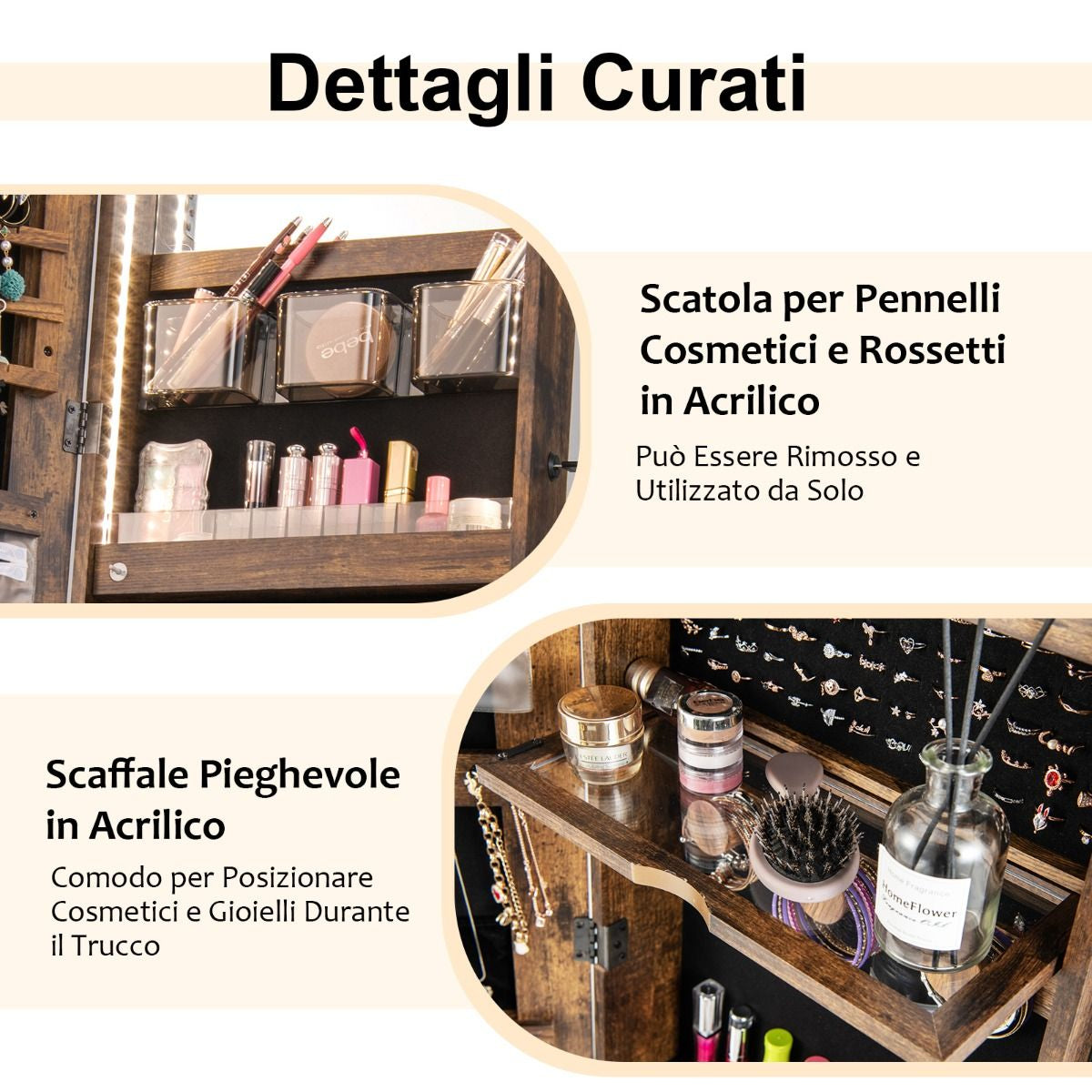 Elegante Specchio Portagioie Da Terra con Serratura e Luci LED - Armadietto Multifunzionale 41,5x37x157 cm