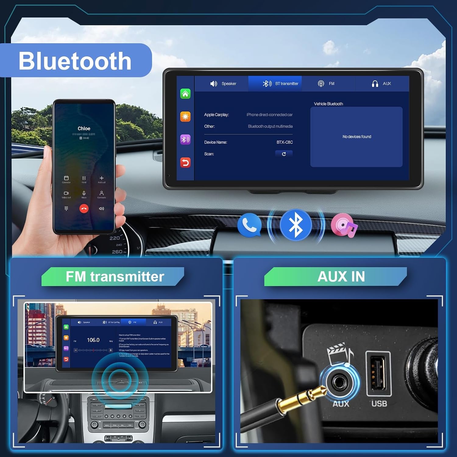 10.36-Inch Wireless Car Radio with CarPlay and Android Auto, Touch Screen Display, Bluetooth, Airplay, Mirror Link, FM/AUX/TF Compatibility