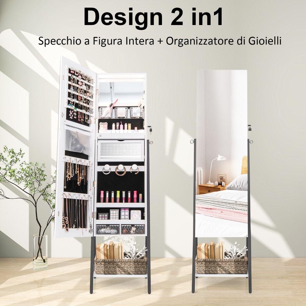 Elegante Specchio Portagioie Da Terra con Serratura e Luci LED - Armadietto Multifunzionale 41,5x37x157 cm